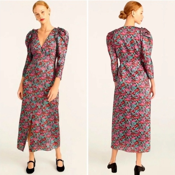 J. Crew Dresses & Skirts - J.Crew Collection Drapey Puff Sleeve Dress Ratti Red Blooms Size 4 Maxi Sheath